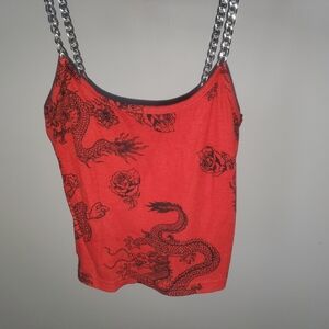Red Dragon Print Tank Top with Chain Straps - Women